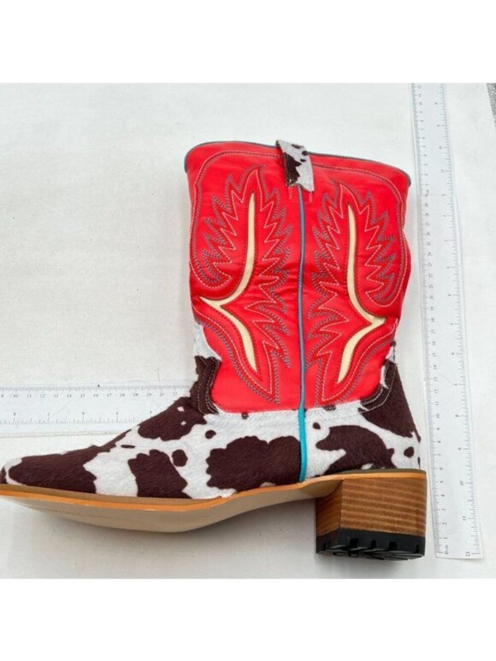 Women Mid Calf Cowboy Boots Chunky Heel Half Boots Cow Print Western Boots Red